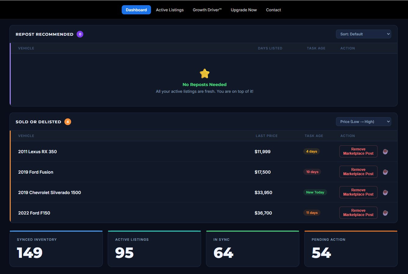 Sold or Delisted vehicles section with Remove Marketplace Post buttons