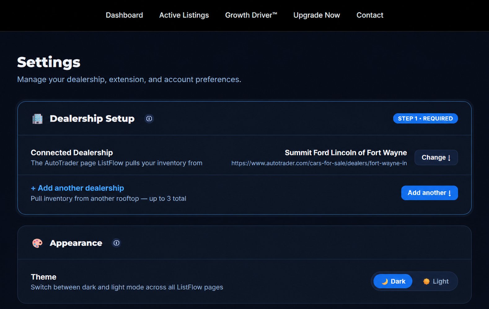 ListFlow Dealership Setup screen showing connected AutoTrader page and Add Another Dealership option