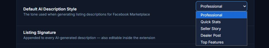 ListFlow Settings showing the Default AI Description Style dropdown open with five options: Professional (highlighted), Quick Stats, Seller Story, Dealer Post, and Top Features