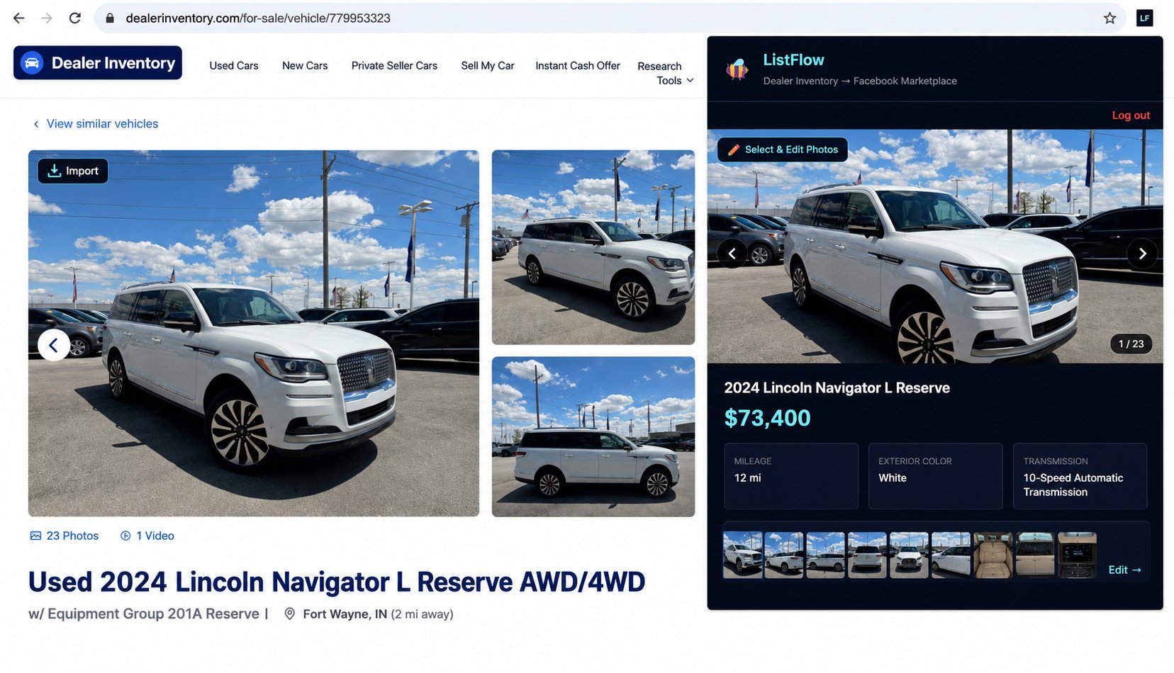 ListFlow extension panel imported the vehicle alongside the inventory page, ready to edit