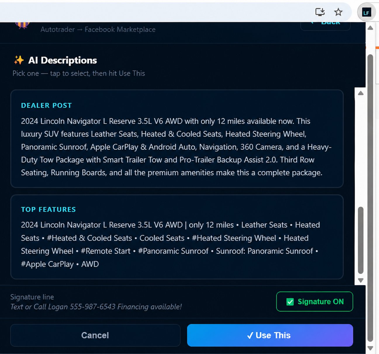 AI Descriptions screen showing Dealer Post and Top Features styles with Signature Line toggle