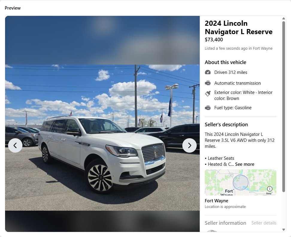 Facebook Marketplace preview of the finished listing showing photos, price, mileage, and description